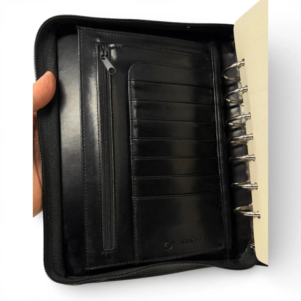 Vtg Franklin Covey Pocket Planner Crossbody Organizer Black Leather Zip Binder